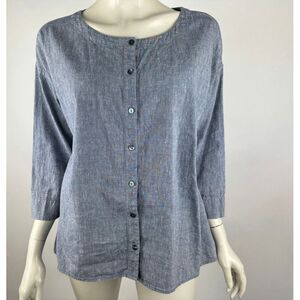Eileen Fisher Organic Cotton Linen Blouse Women M Button-Up 3/4 Sleeve Tunic Top